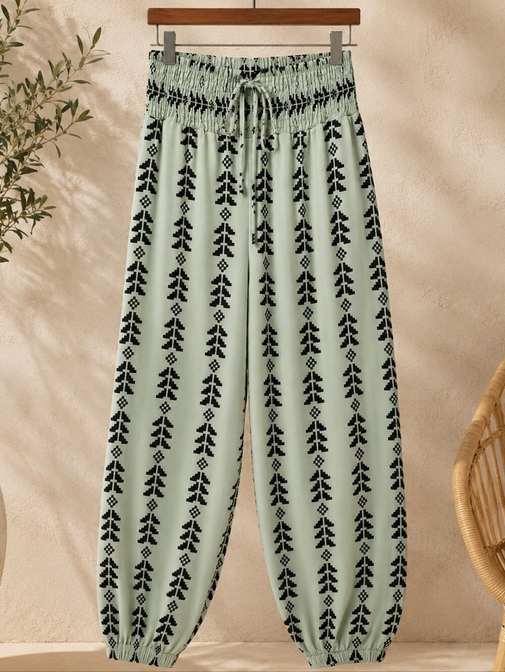 Boho Harem Jogger Pants Sage Green Tribal Print Smocked Waist Pockets